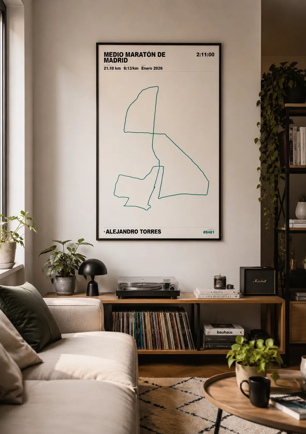 Personalised Madrid Half Marathon poster framed on a wall