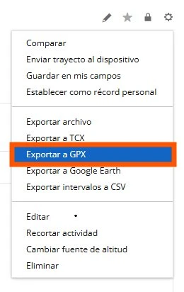 Menú exportar GPX en Garmin Connect